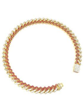 Gold, Red & White Iced-Out Tilted Cuban Gem Link Chain Necklace (20-inches)